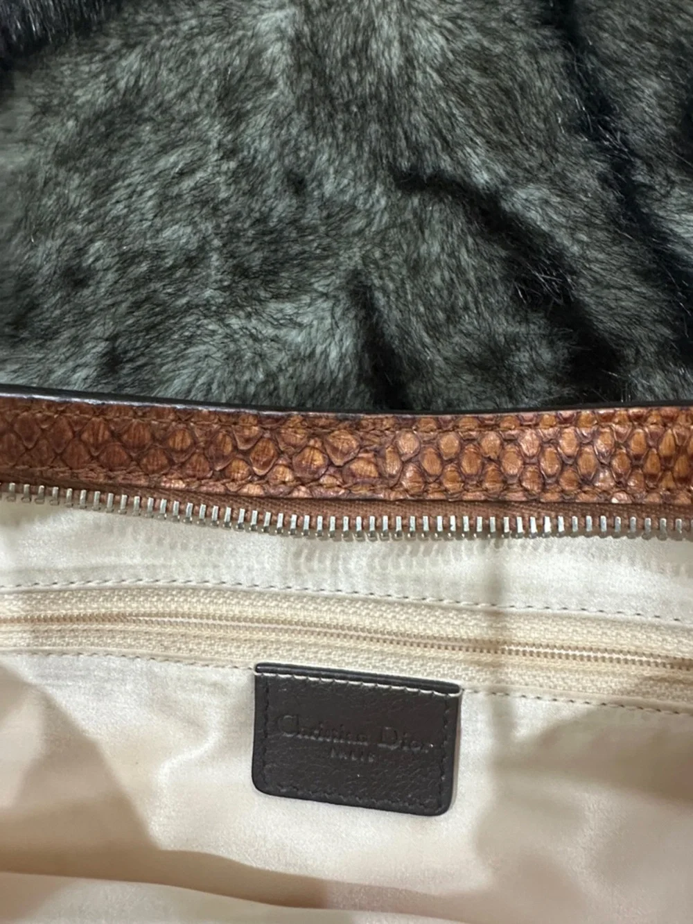 DIOR Brown snake skin & Cream Shoulder Bag with Pink Bow and Dior hardware. - Picture 9 of 12